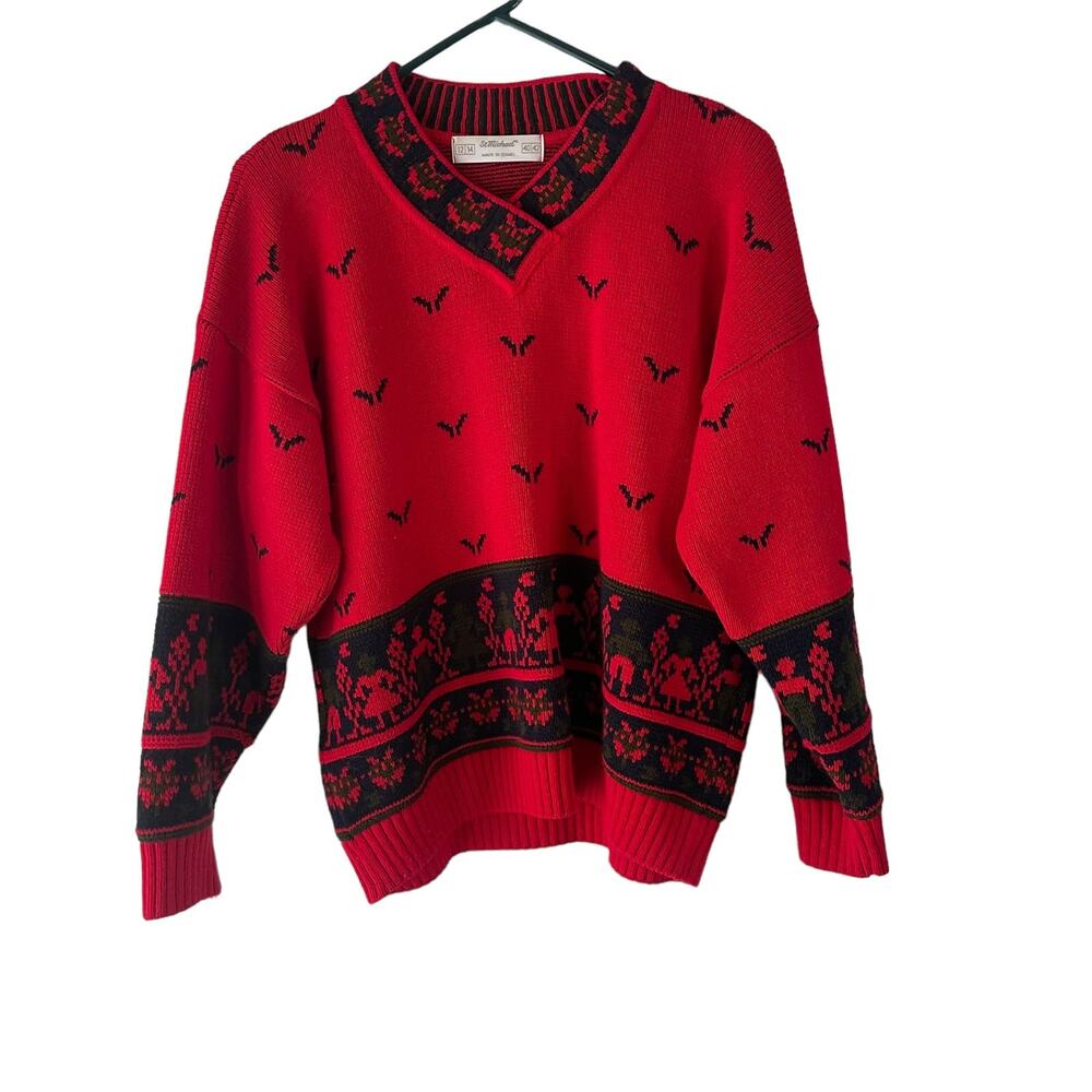 St Michael Vintage 90s Women's Size XL‎ Israel Red Novality Knit V Neck Sweater